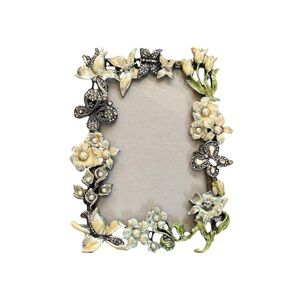 Sicura Silver Tone Metal Photo Frame Floral Butterfly Enamel Rhinestones 4” x 6”